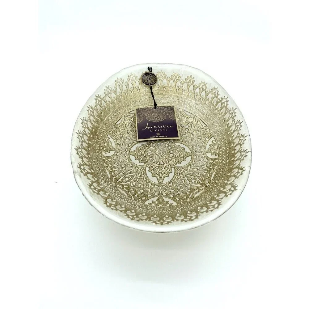 Artistic Accents White Glass Oval Bowl Serving Salad Gold Lace Handmade NWT